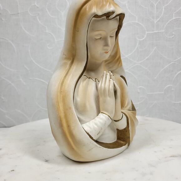 Vintage Praying Lady Head Planter, 7.5" Brown & White Ceramic Mother Virgin Vase - Picture 4 of 16